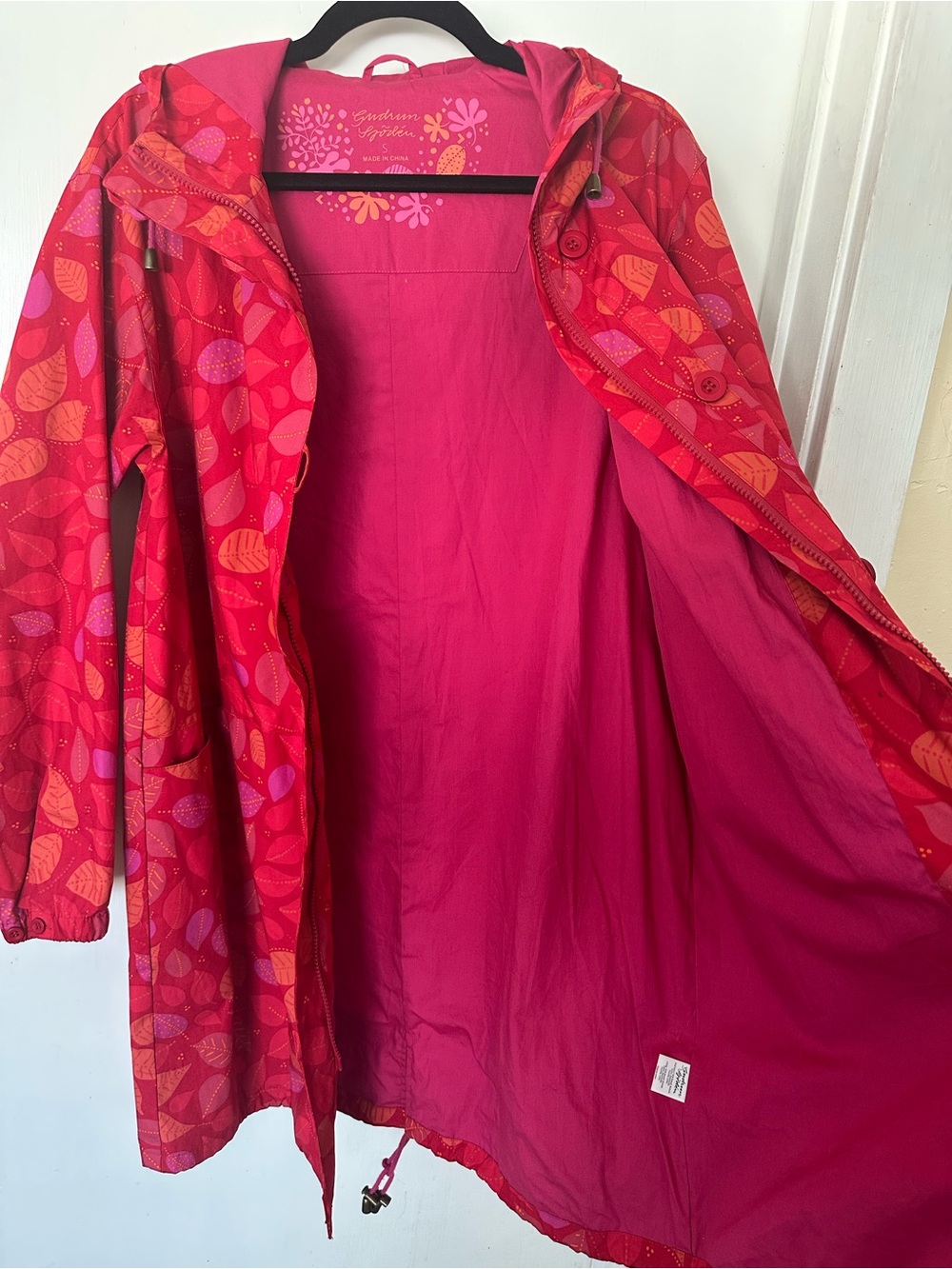 Gudrun Sjoden Red Fuschia Leaf-Print Organic Cotton Hooded Raincoat Size S - Picture 6 of 7